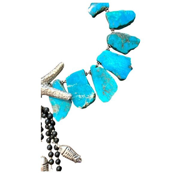 Vintage Turquoise & Silver Starfish Pendant Necklace With Fish Charms - Picture 4 of 9